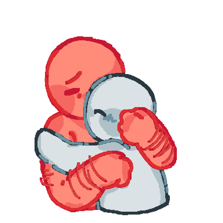 A ms paint style drawing of a red person hugging a grey person to comfort them.